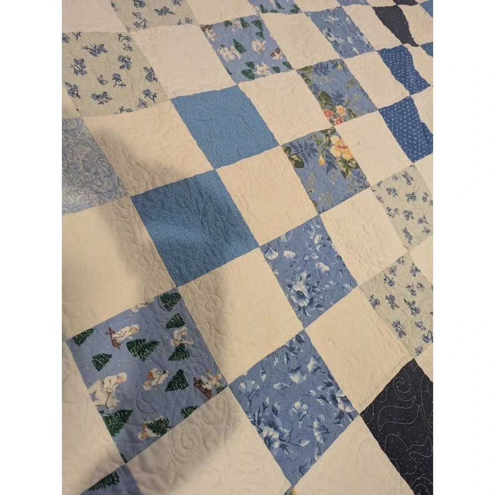 COUNTRY‎ PATCHWORK QUILT King SZ BLUE WHITE Red 2 SIDED